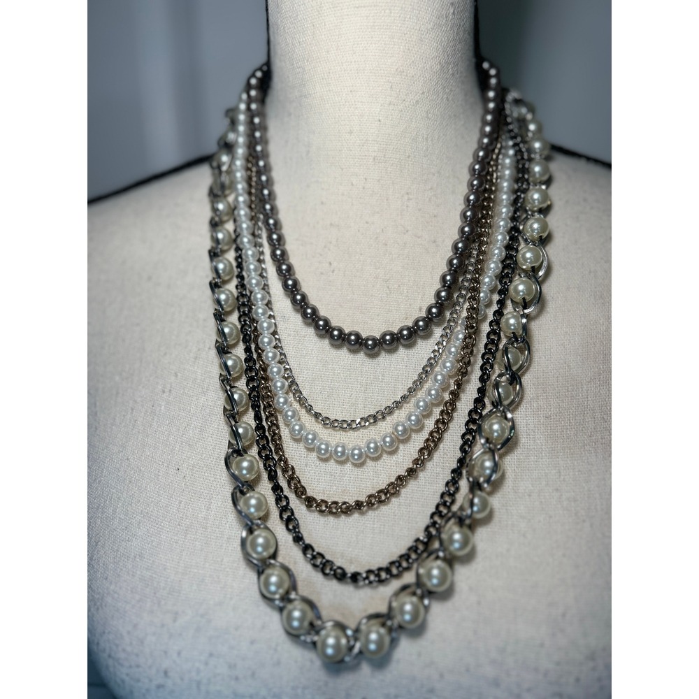 Multi-Strand Layered‎ Necklace Silver Faux Pearl Chunky Mixed Chain